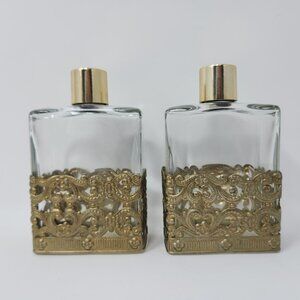 2 Vintage Glass Perfume Bottles With Ornate Gold Metal Filigree Base & Caps